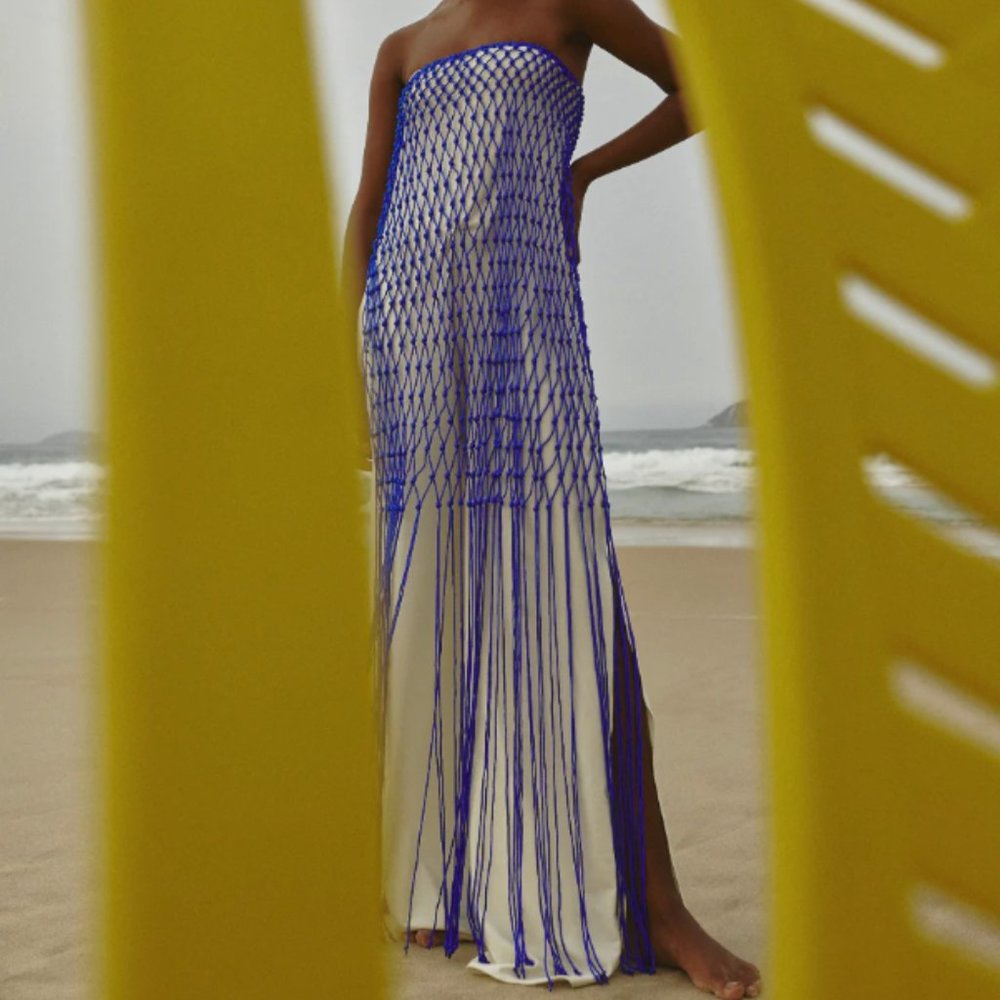 Baobab Collection Blue and White Macramé Strapless Jumpsuit - Picture 4 of 6